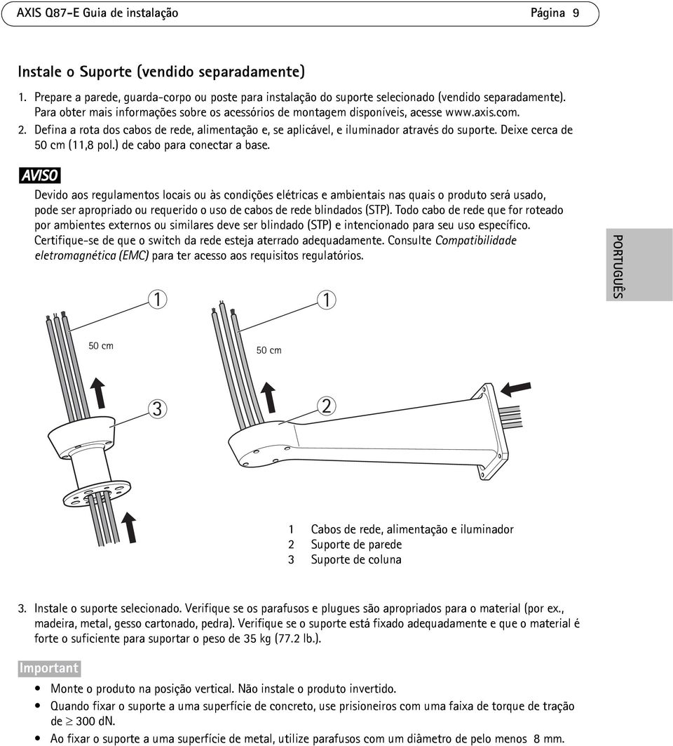 Deixe cerca de 50 cm (11,8 pol.) de cabo para conectar a base.