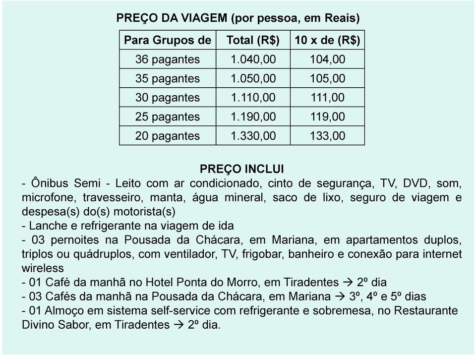 330,00 133,00 PREÇO INCLUI - Ônibus Semi - Leito com ar condicionado, cinto de segurança, TV, DVD, som, microfone, travesseiro, manta, água mineral, saco de lixo, seguro de viagem e despesa(s) do(s)