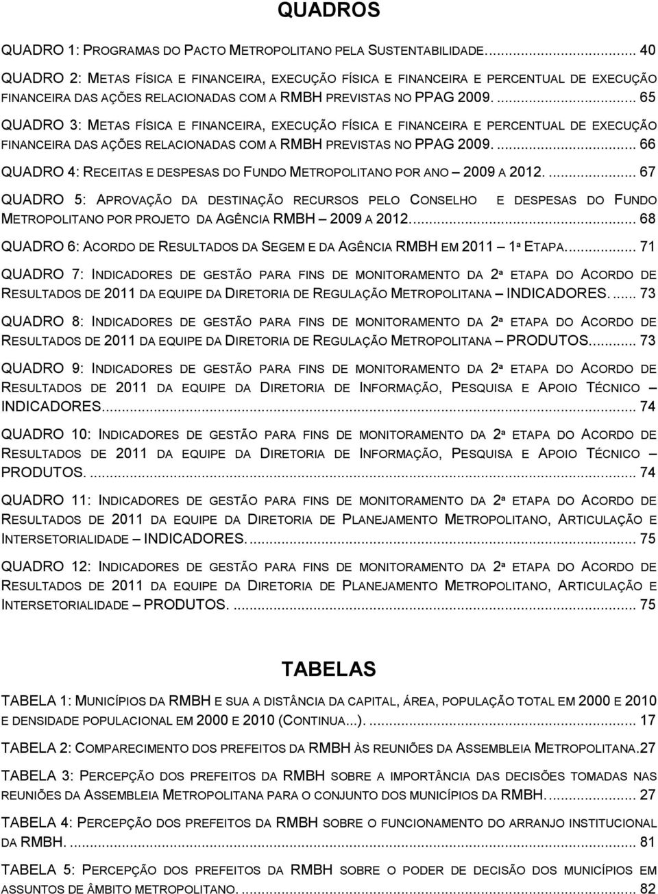 ... 65 QUADRO 3: METAS FÍSICA E FINANCEIRA, EXECUÇÃO FÍSICA E FINANCEIRA E PERCENTUAL DE EXECUÇÃO FINANCEIRA DAS AÇÕES RELACIONADAS COM A RMBH PREVISTAS NO PPAG 2009.