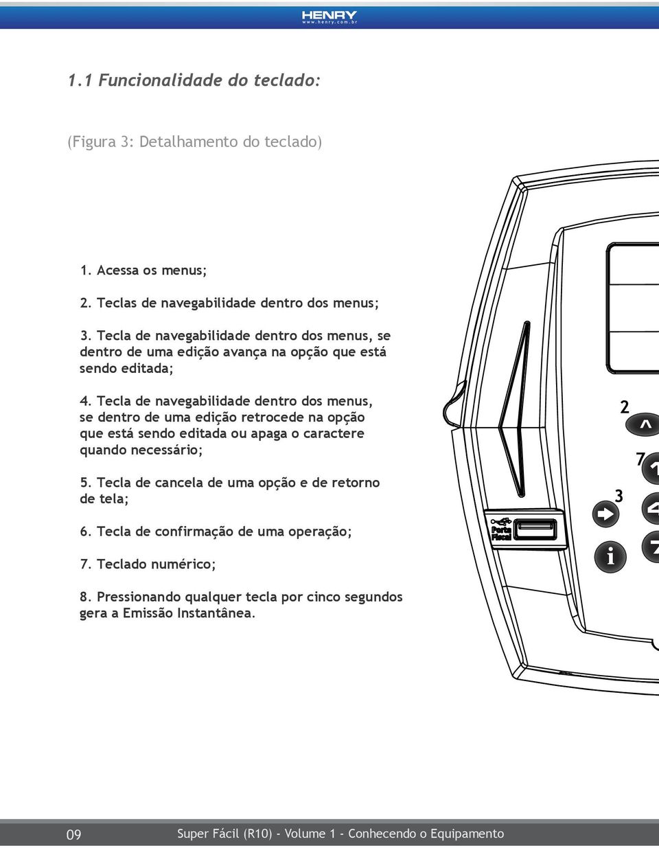 Tecla de navegabilidade dentro dos menus, se dentro de uma edição retrocede na opção que está sendo editada ou apaga o caractere quando necessário; 5.