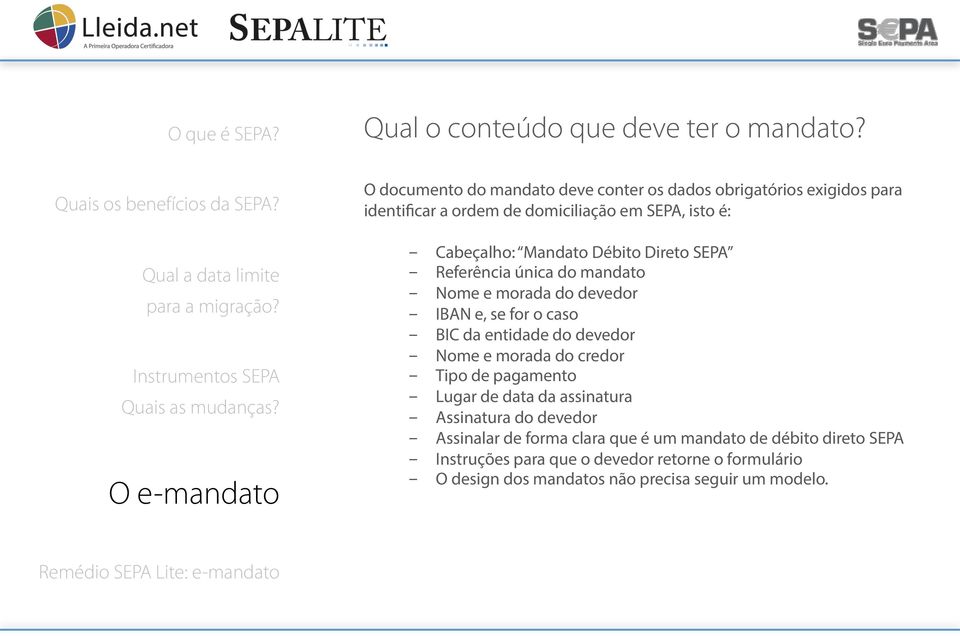 Direto SEPA - Referência única do mandato - Nome e morada do devedor - IBAN e, se for o caso - BIC da entidade do devedor - Nome e morada do credor -