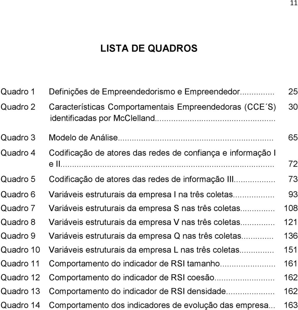 .. 73 Quadro 6 Variáveis estruturais da empresa I na três coletas... 93 Quadro 7 Variáveis estruturais da empresa S nas três coletas... 108 Quadro 8 Variáveis estruturais da empresa V nas três coletas.