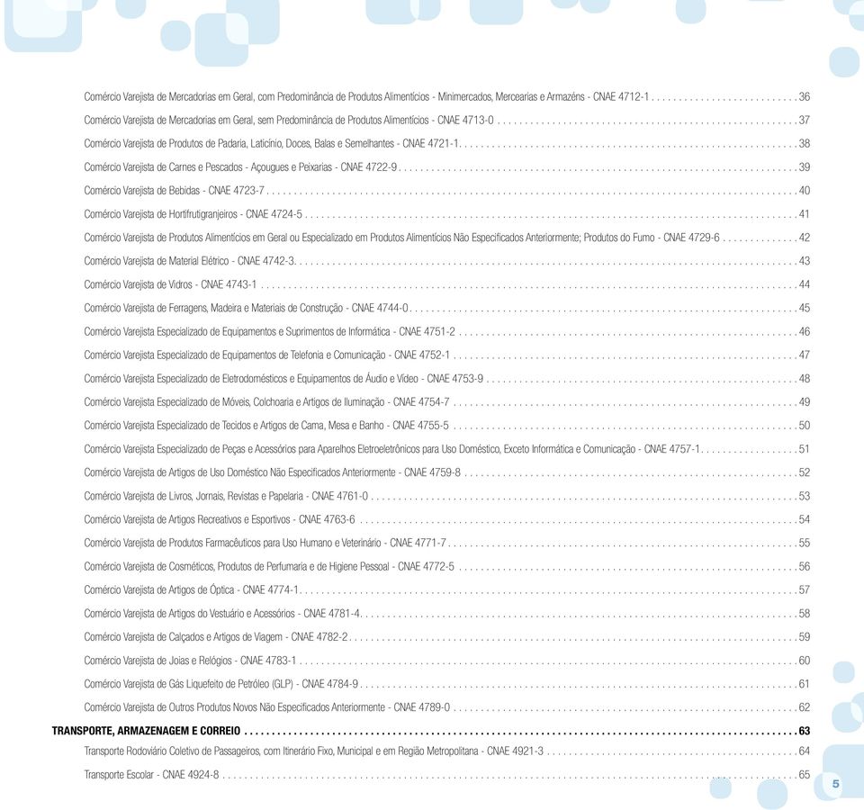 ..37 Comércio Varejista de Produtos de Padaria, Laticínio, Doces, Balas e Semelhantes - CNAE 4721-1...38 Comércio Varejista de Carnes e Pescados - Açougues e Peixarias - CNAE 4722-9.