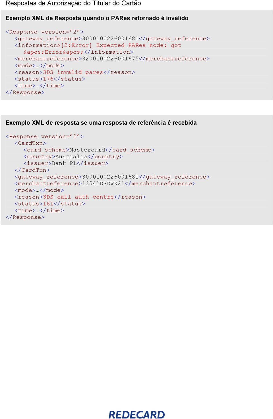 <status>176</status> <time> </time> </Response> Exemplo XML de resposta se uma resposta de referência é recebida <Response version= 2 > <CardTxn> <card_scheme>mastercard</card_scheme>