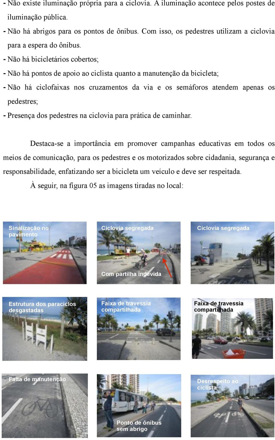 - Não há bicicletários cobertos; - Não há pontos de apoio ao ciclista quanto a manutenção da bicicleta; - Não há ciclofaixas nos cruzamentos da via e os semáforos atendem apenas os pedestres; -