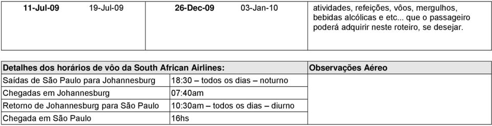 Detalhes dos horários de vôo da South African Airlines: Saídas de São Paulo para Johannesburg 18:30 todos os