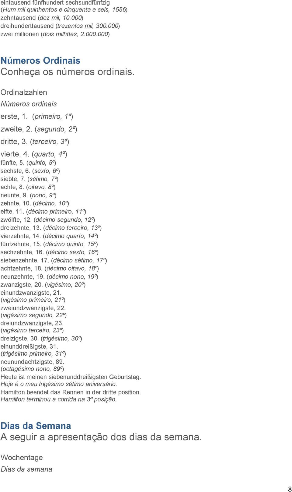 (sétimo, 7º) achte, 8. (oitavo, 8º) neunte, 9. (nono, 9º) zehnte, 10. (décimo, 10º) elfte, 11. (décimo primeiro, 11º) zwölfte, 12. (décimo segundo, 12º) dreizehnte, 13.