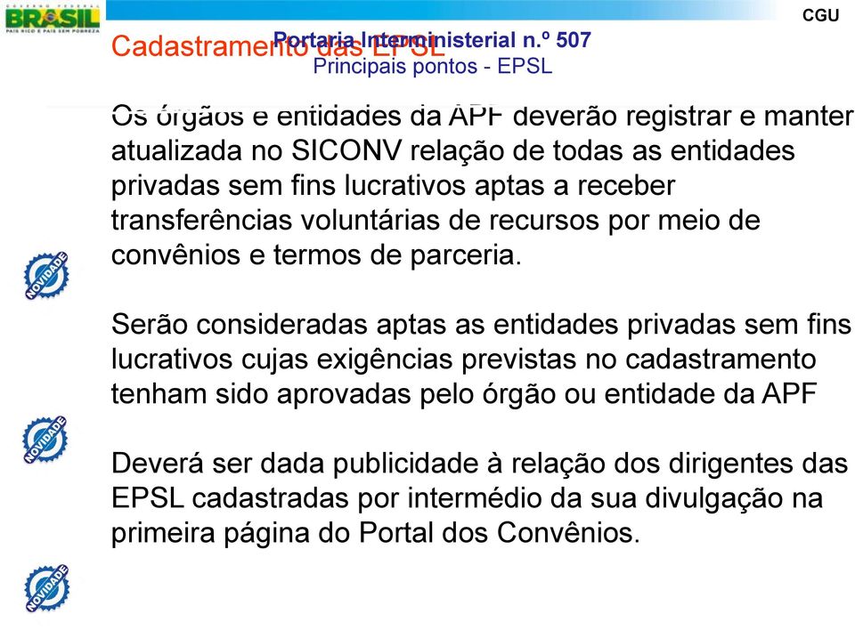 Serão consideradas aptas as entidades privadas sem fins lucrativos cujas exigências previstas no cadastramento tenham sido aprovadas pelo órgão