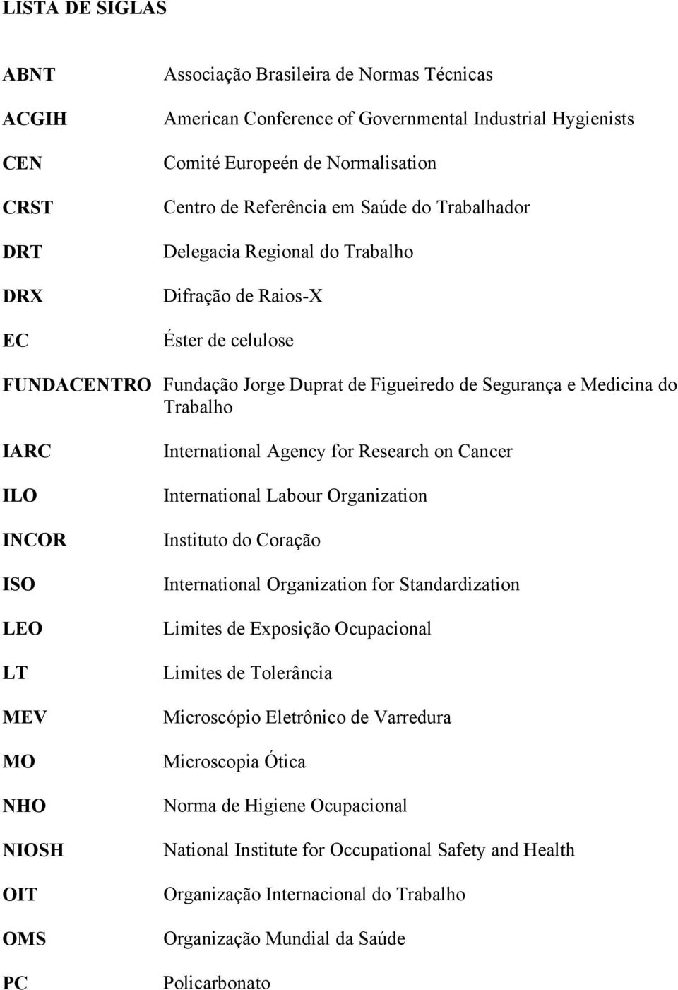 LT MEV MO NHO NIOSH OIT OMS PC International Agency for Research on Cancer International Labour Organization Instituto do Coração International Organization for Standardization Limites de Exposição