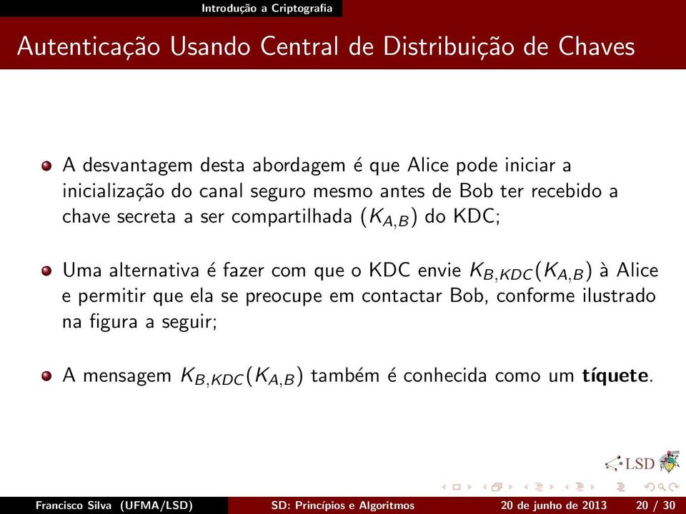 KDC envie K B,KDC (K A,B ) à Alice e permitir que ela se preocupe em contactar Bob, conforme ilustrado na figura a seguir; A