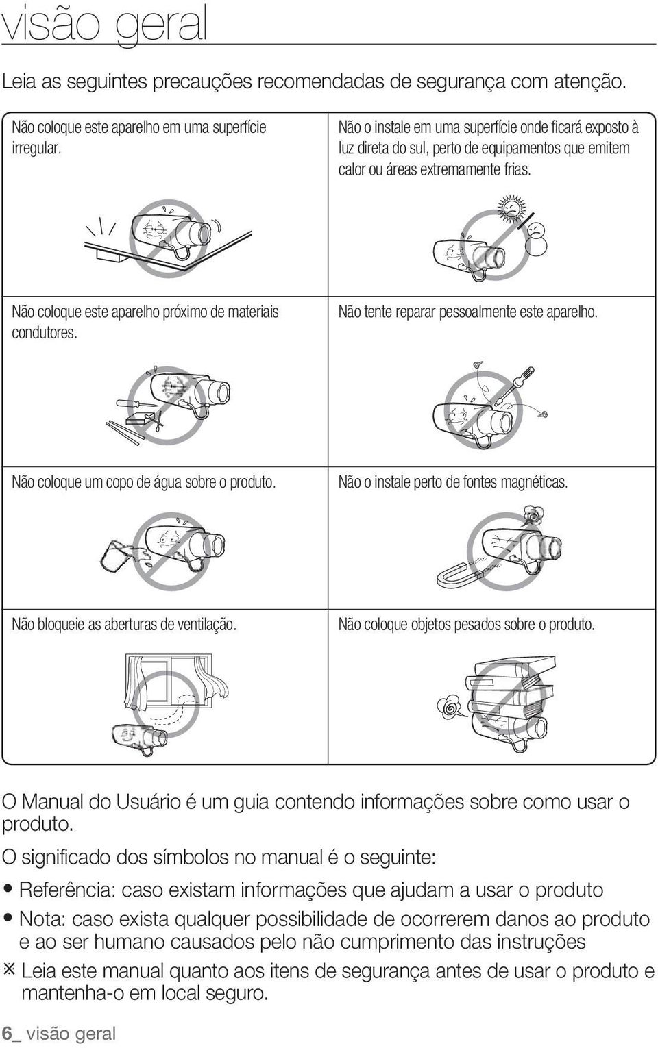 Não tente reparar pessoalmente este aparelho. Não coloque um copo de água sobre o produto. Não o instale perto de fontes magnéticas. Não bloqueie as aberturas de ventilação.