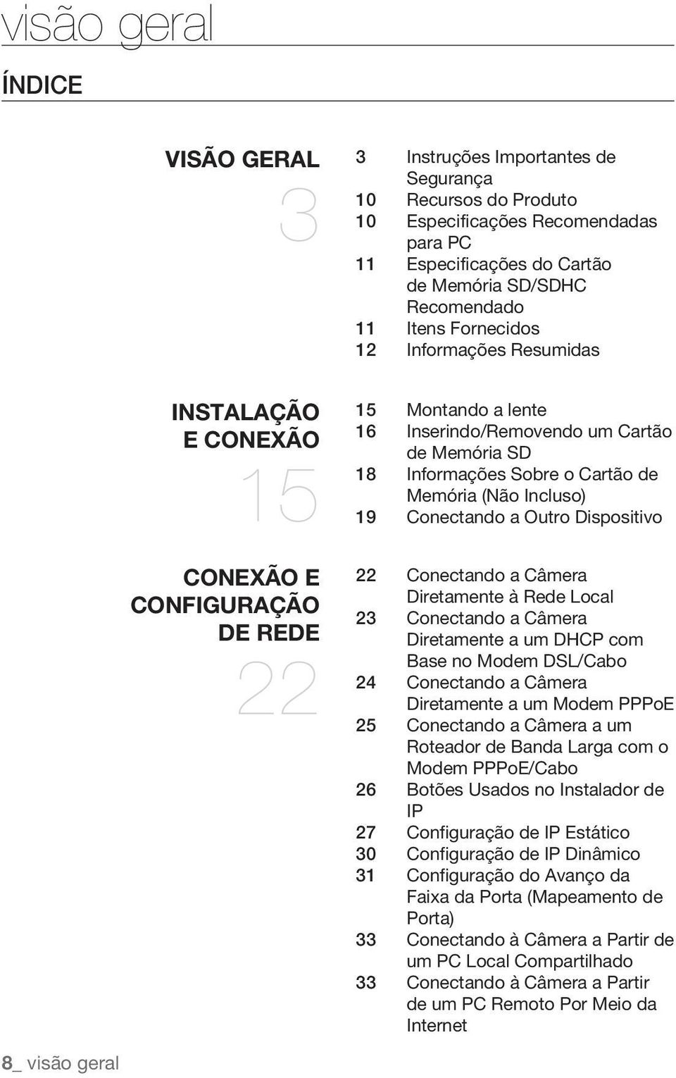 Memória (Não Incluso) 19 Conectando a Outro Dispositivo 22 Conectando a Câmera Diretamente à Rede Local 23 Conectando a Câmera Diretamente a um DHCP com Base no Modem DSL/Cabo 24 Conectando a Câmera