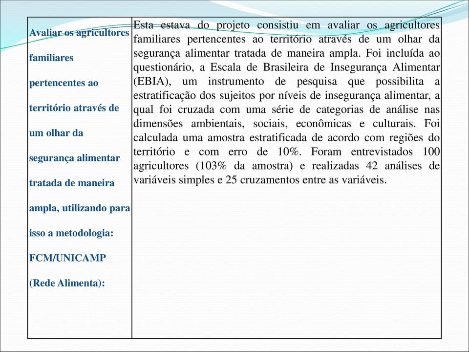 Foi incluída ao questionário, a Escala de Brasileira de Insegurança Alimentar (EBIA), um instrumento de pesquisa que possibilita a estratificação dos sujeitos por níveis de insegurança alimentar, a
