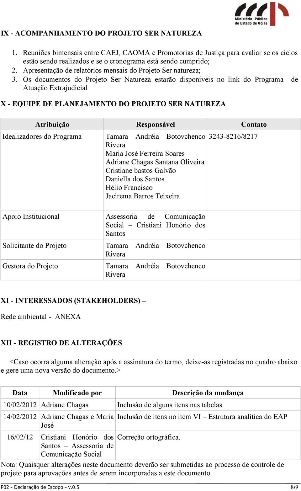 Os documentos do Projeto Ser Natureza estarão disponíveis no link do Programa de Atuação Extrajudicial X - EQUIPE DE PLANEJAMENTO DO PROJETO SER NATUREZA Atribuição Responsável Contato Idealizadores