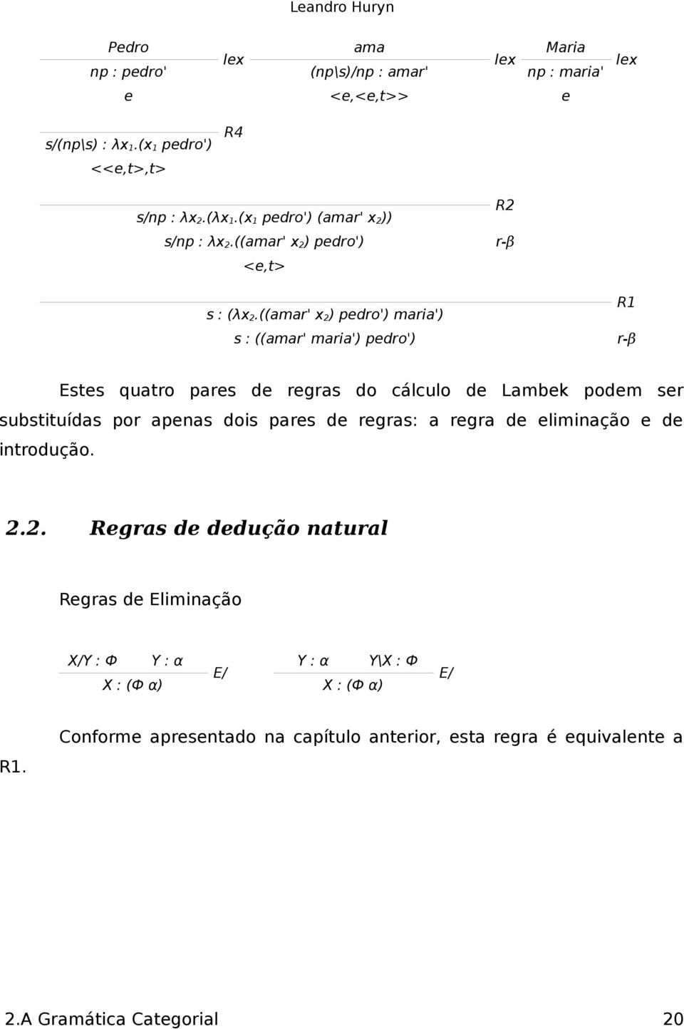 ((amar' x 2 ) pedro') maria') s : ((amar' maria') pedro') R1 r-β Eses quaro pares de regras do cálculo de Lambek podem ser subsiuídas por apenas dois