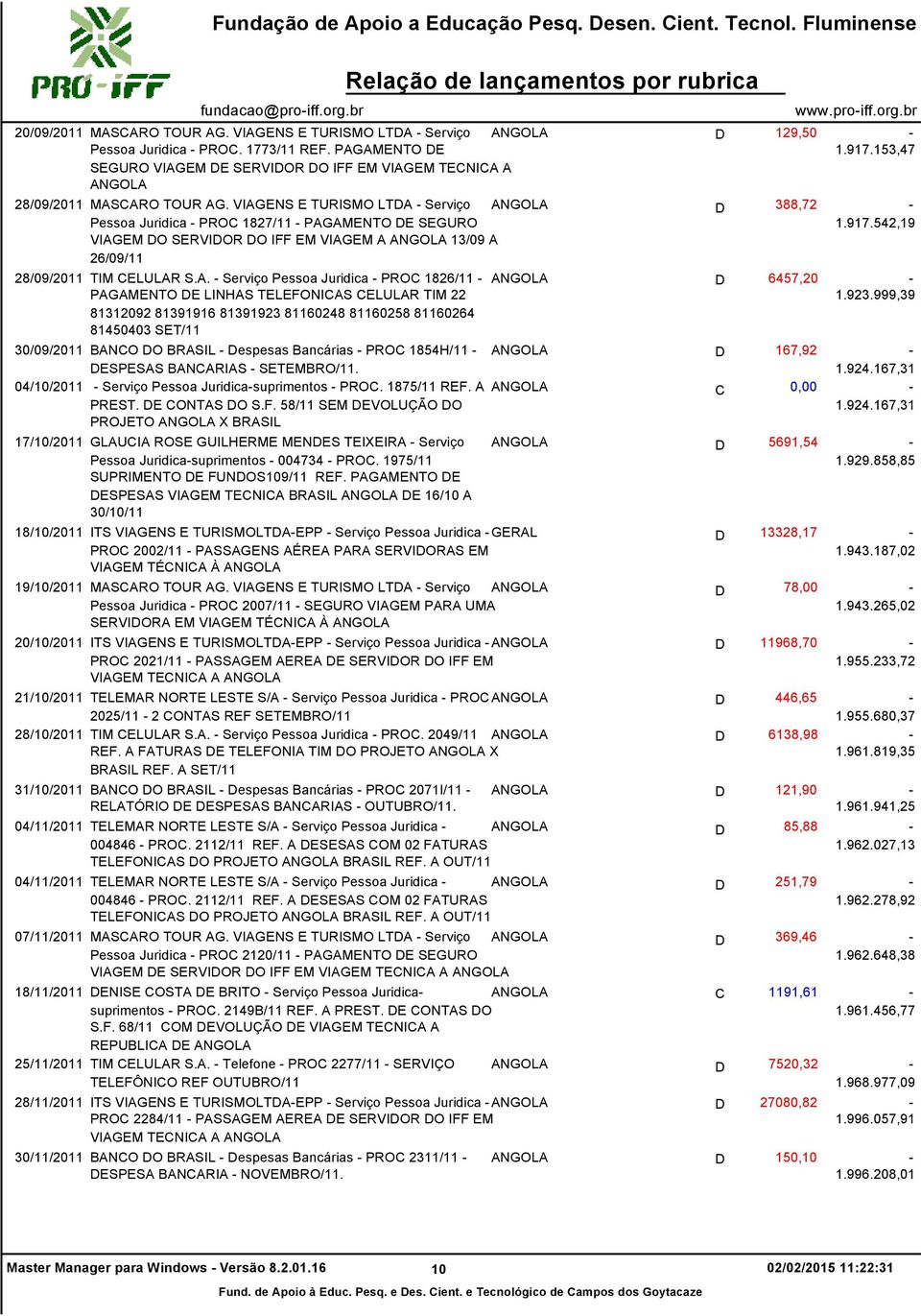 917.542,19 VIAGEM DO SERVIDOR DO IFF EM VIAGEM A ANGOLA 13/09 A 26/09/11 28/09/2011 TIM CELULAR S.A. - Serviço Pessoa Juridica - PROC 1826/11 - PAGAMENTO DE LINHAS TELEFONICAS CELULAR TIM 22 81312092 81391916 81391923 81160248 81160258 81160264 81450403 SET/11 ANGOLA D 6457,20-1.