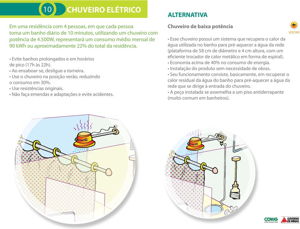 Use o chuveiro na posição verão, reduzindo o consumo em %. Use resistências originais. Não faça emendas e adaptações e evite acidentes.