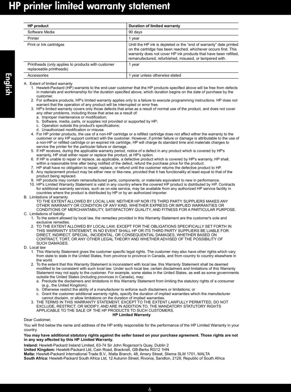 This warranty does not cover HP ink products that have been refilled, remanufactured, refurbished, misused, or tampered with. 1 year 1 year unless otherwise stated A. Extent of limited warranty 1.