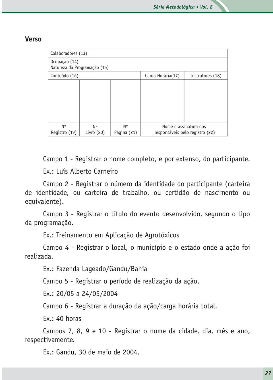 registro (22) Campo 1 - Registrar o nome completo, e por extenso, do participante. Ex.