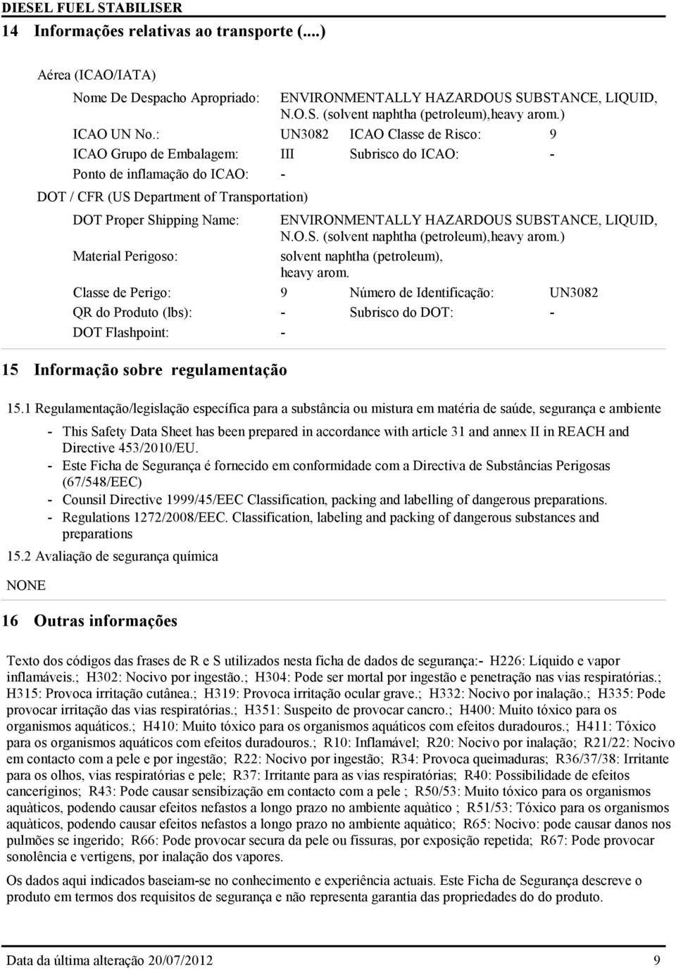 HAZARDOUS SUBSTANCE, LIQUID, N.O.S. (solvent naphtha (petroleum),heavy arom.) Material Perigoso: solvent naphtha (petroleum), heavy arom.