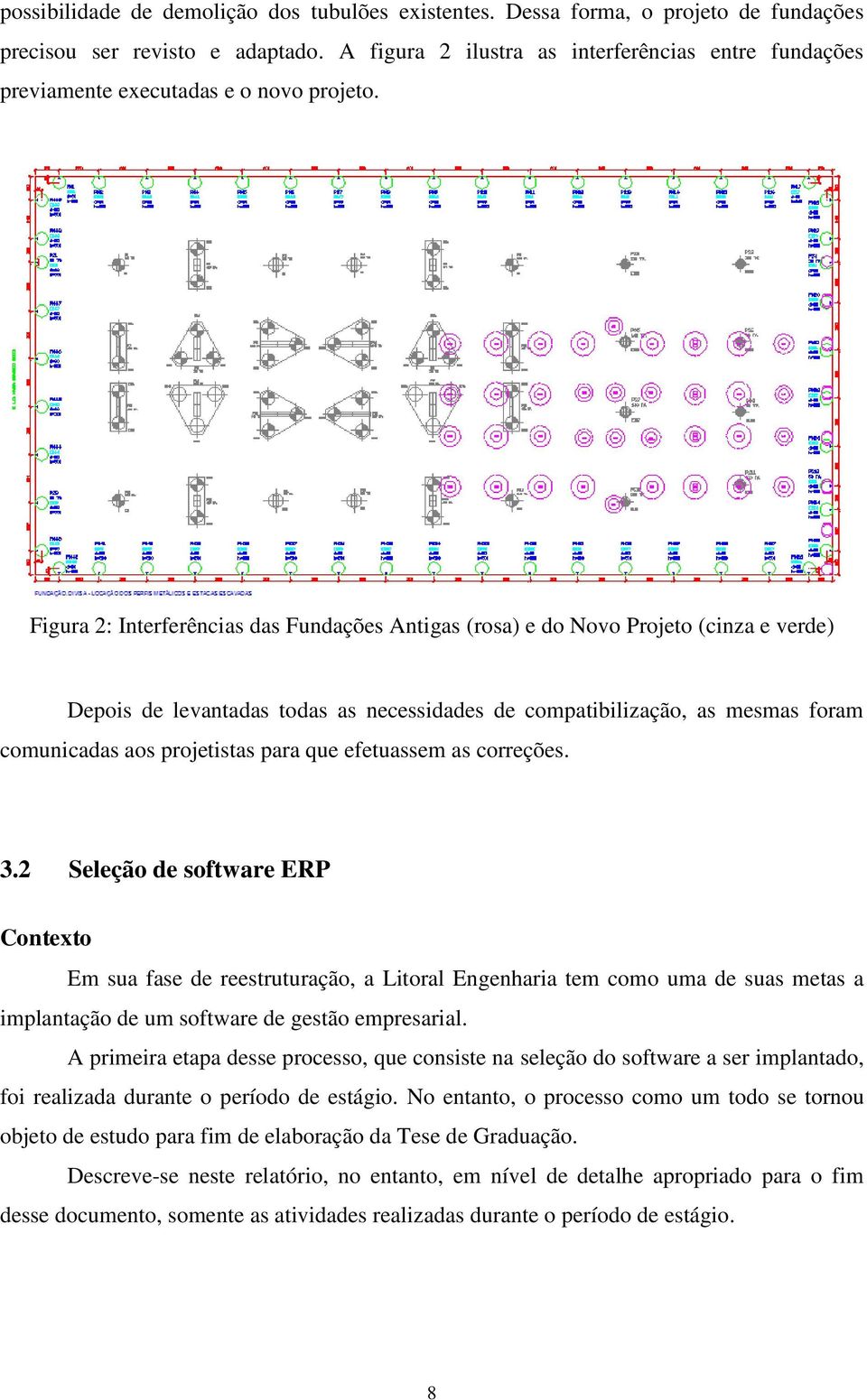 Figura 2: Interferências das Fundações Antigas (rosa) e do Novo Projeto (cinza e verde) Depois de levantadas todas as necessidades de compatibilização, as mesmas foram comunicadas aos projetistas