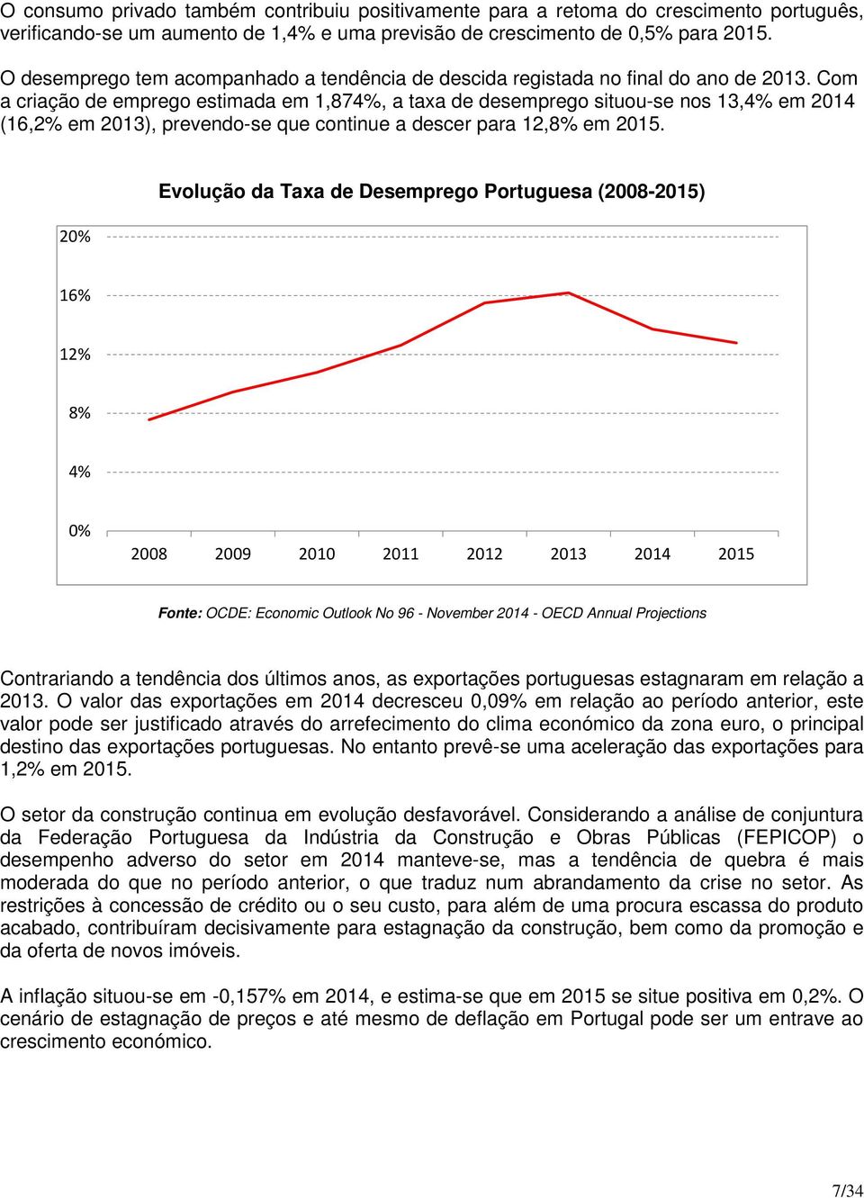 Com a criação de emprego estimada em 1,874%, a taxa de desemprego situou-se nos 13,4% em 2014 (16,2% em 2013), prevendo-se que continue a descer para 12,8% em 2015.