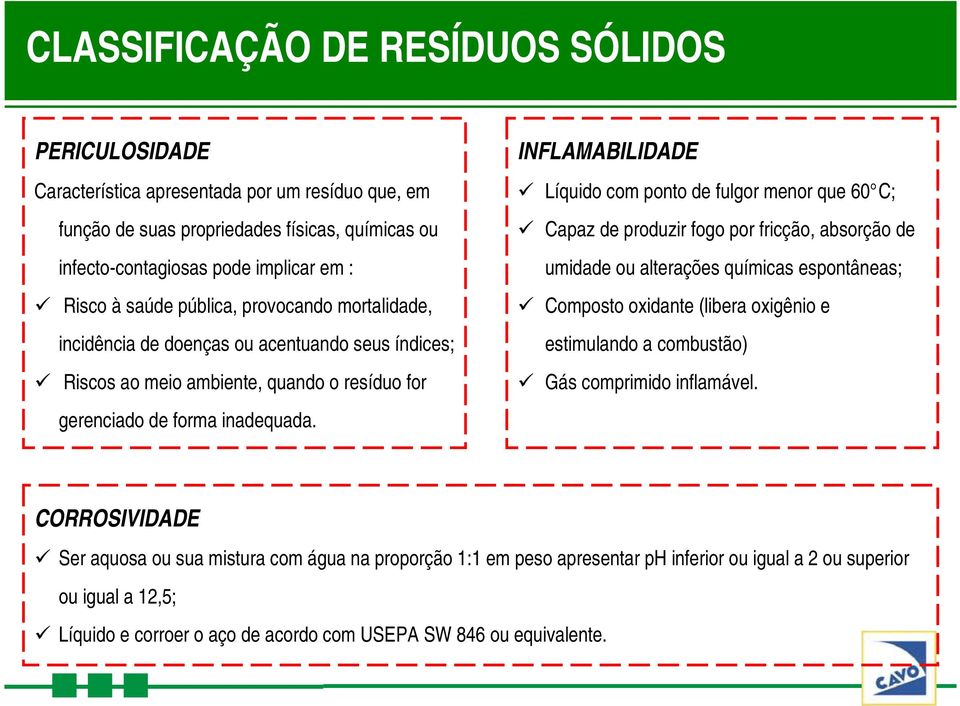 INFLAMABILIDADE Líquido com ponto de fulgor menor que 60 C; Capaz de produzir fogo por fricção, absorção de umidade ou alterações químicas espontâneas; Composto oxidante (libera oxigênio e