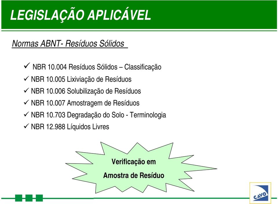 006 Solubilização de Resíduos NBR 10.007 Amostragem de Resíduos NBR 10.