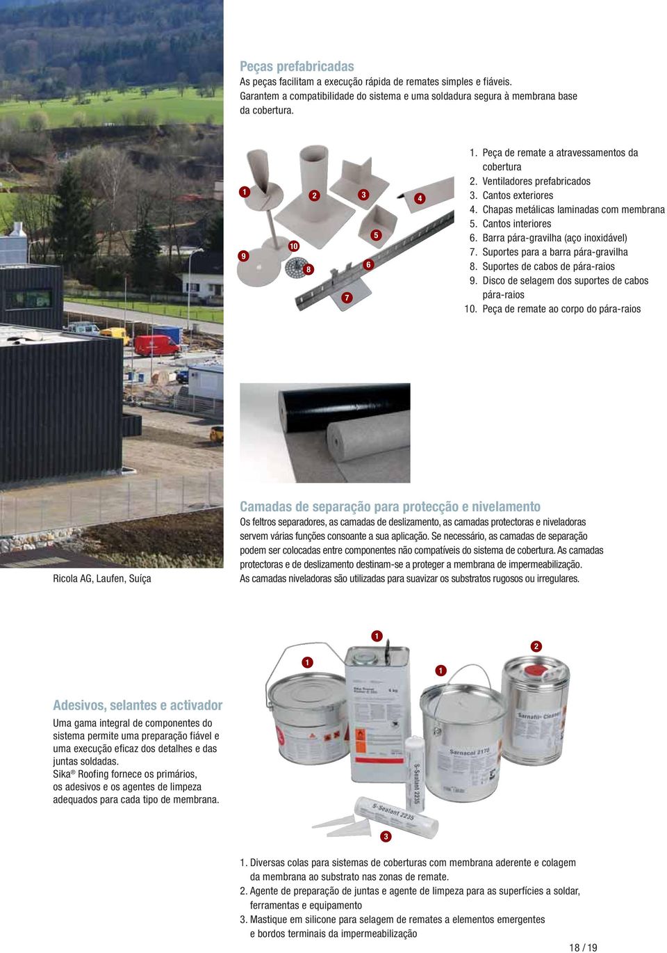 Barra pára-gravilha (aço inoxidável) 7.Suportes para a barra pára-gravilha 8.Suportes de cabos de pára-raios 9.Disco de selagem dos suportes de cabos pára-raios 10.