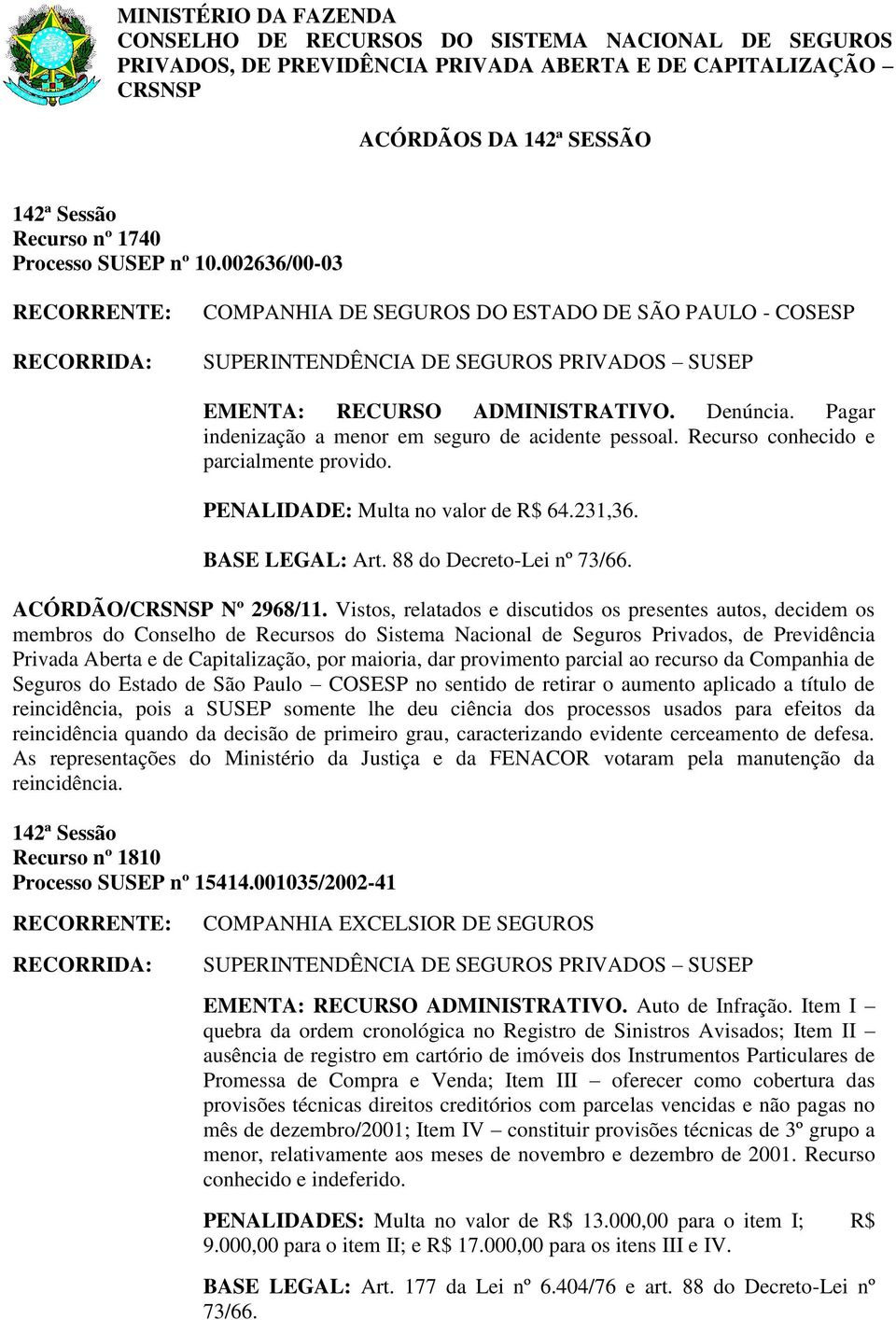 Recurso conhecido e parcialmente provido. PENALIDADE: Multa no valor de R$ 64.231,36. ACÓRDÃO/CRSNSP Nº 2968/11.