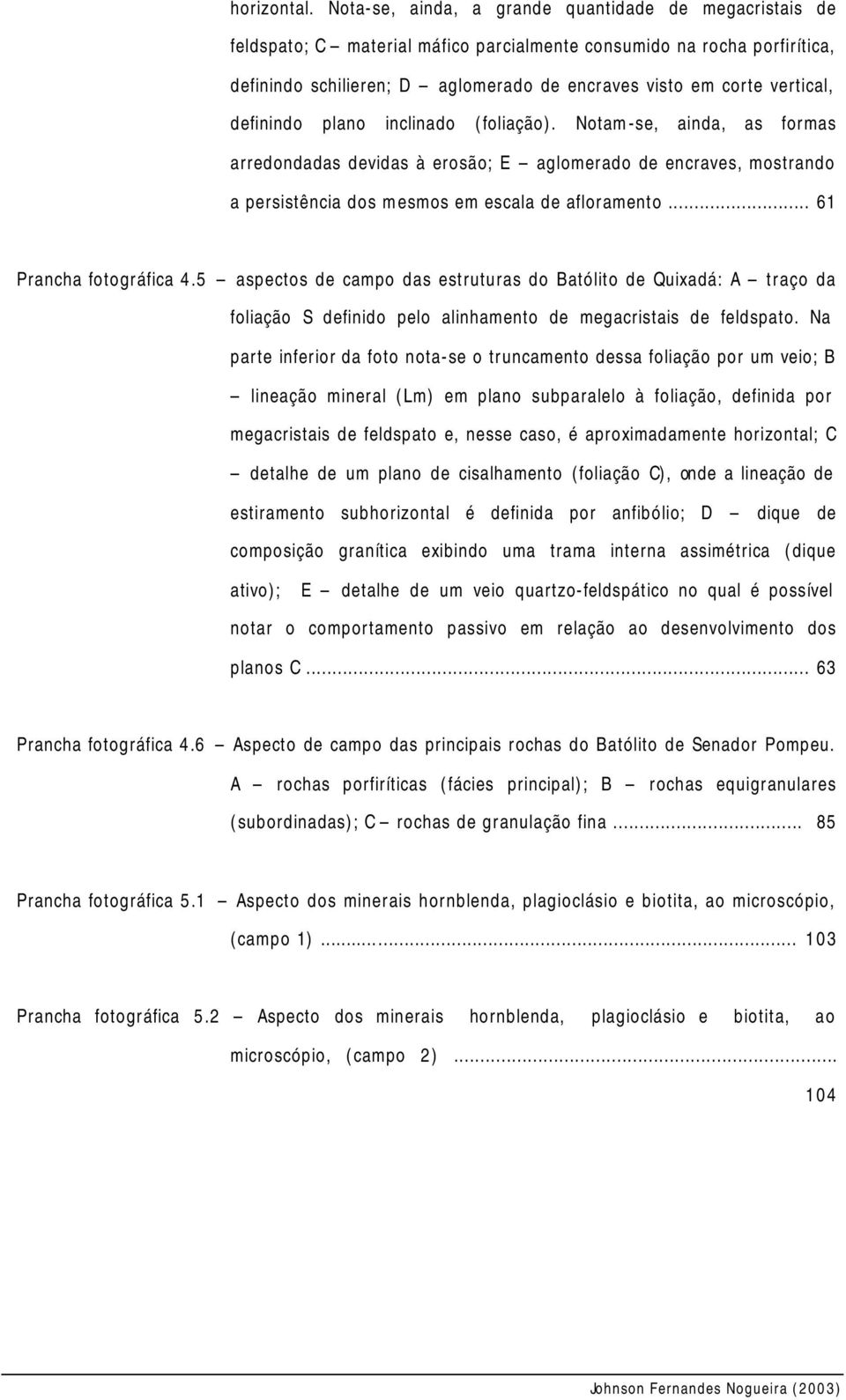 vertical, definindo plano inclinado (foliação). Notam-se, ainda, as formas arredondadas devidas à erosão; E aglomerado de encraves, mostrando a persistência dos mesmos em escala de afloramento.