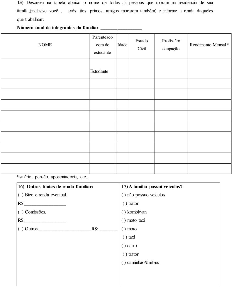 Número total de integrantes da família: NOME Parentesco com do estudante Idade Estado Civil Profissão/ ocupação Rendimento Mensal * Estudante *salário,