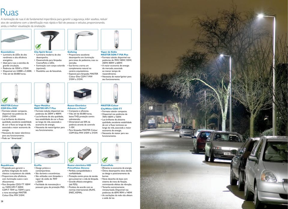 Potências de 105W a 175W. Disponível em 4.000K e 5.500K. Vida útil de 50.000 horas. City Spirit Street Luminária moderna de alto desempenho. Desenvolvida para lâmpadas CosmoPolis e LEDs.