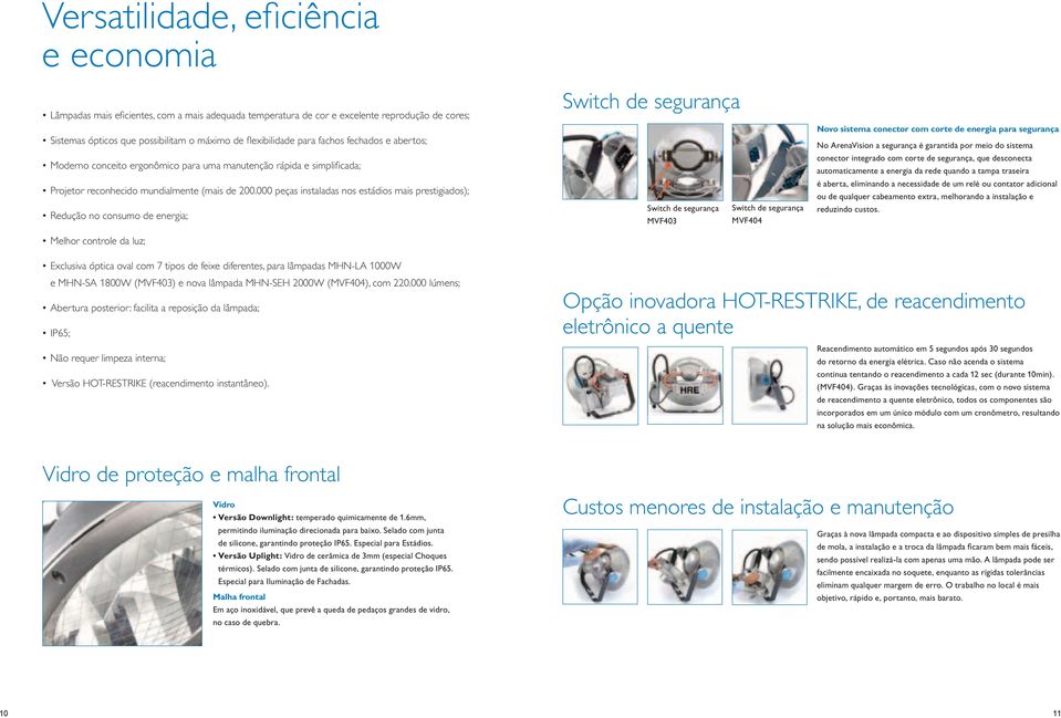 000 peças instaladas nos estádios mais prestigiados); Redução no consumo de energia; Melhor controle da luz; Switch de segurança Switch de segurança Switch de segurança MVF403 MVF404 Novo sistema