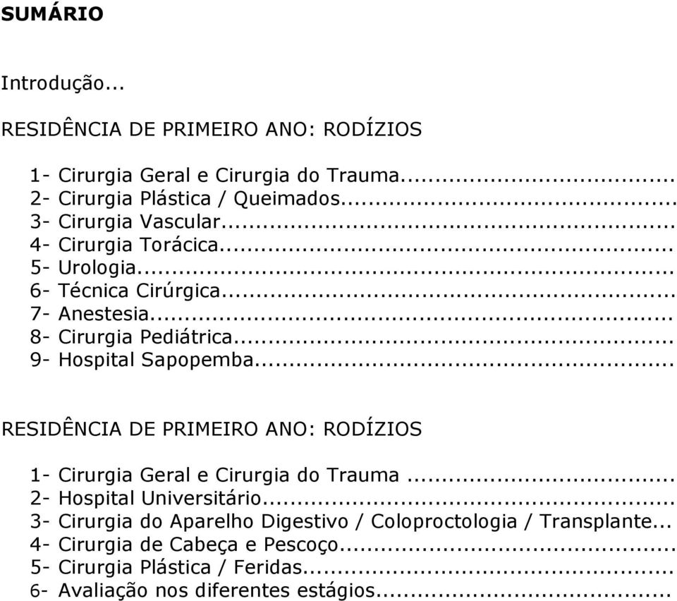 .. 9- Hospital Sapopemba... RESIDÊNCIA DE PRIMEIRO ANO: RODÍZIOS 1- Cirurgia Geral e Cirurgia do Trauma... 2- Hospital Universitário.