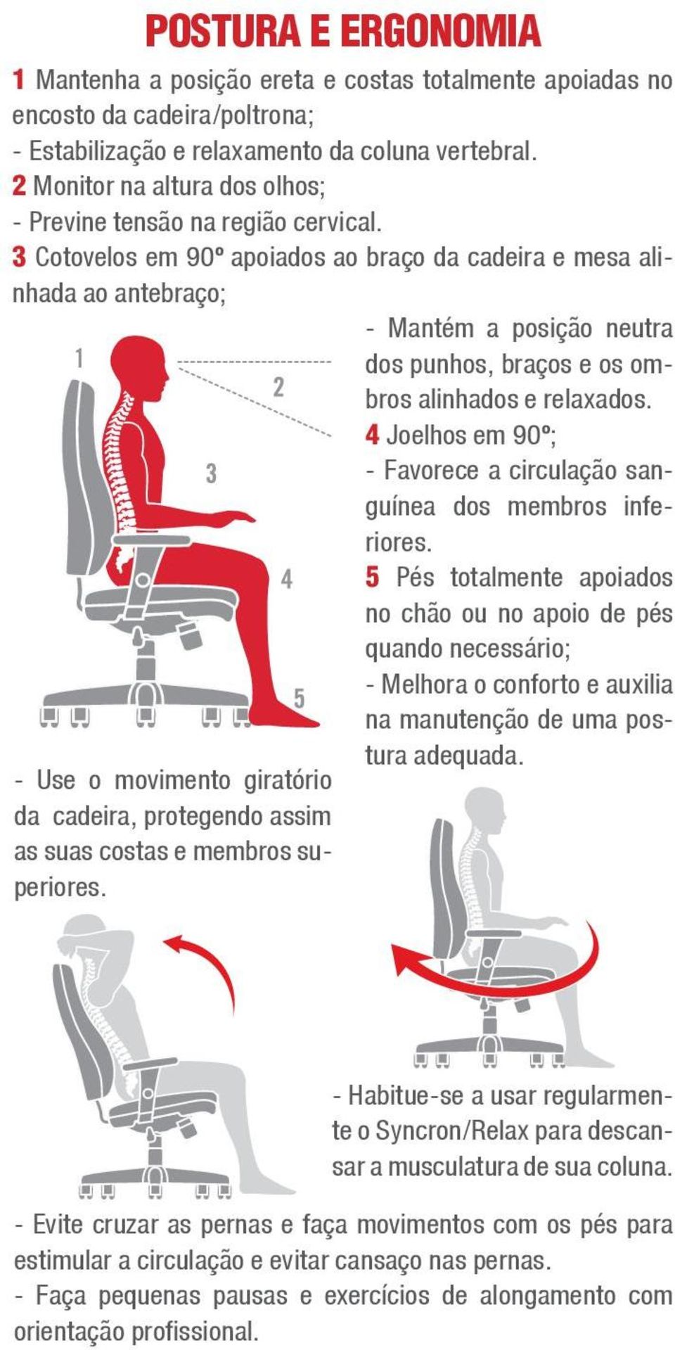 3 Cotovelos em 90º apoiados ao braço da cadeira e mesa alinhada ao antebraço; 1 - Use o movimento giratório da cadeira, protegendo assim as suas costas e membros superiores.