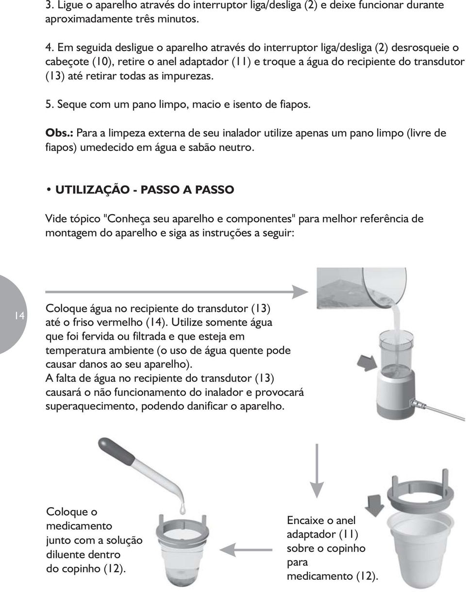 impurezas. 5. Seque com um pano limpo, macio e isento de fiapos. Obs.: Para a limpeza externa de seu inalador utilize apenas um pano limpo (livre de fiapos) umedecido em água e sabão neutro.