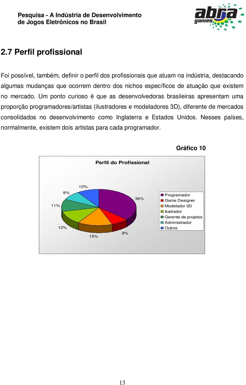 Um ponto curioso é que as desenvolvedoras brasileiras apresentam uma proporção programadores/artistas (ilustradores e modeladores 3D), diferente de mercados