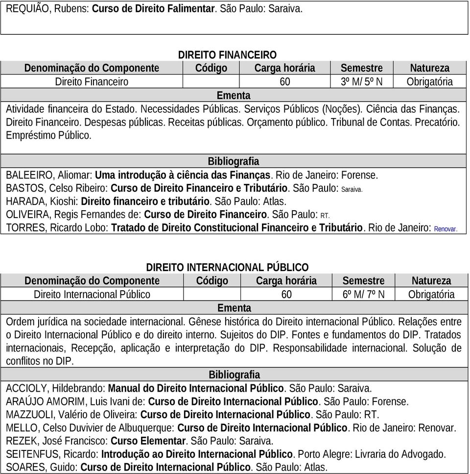 BALEEIRO, Aliomar: Uma introdução à ciência das Finanças. Rio de Janeiro: Forense. BASTOS, Celso Ribeiro: Curso de Direito Financeiro e Tributário. São Paulo: Saraiva.