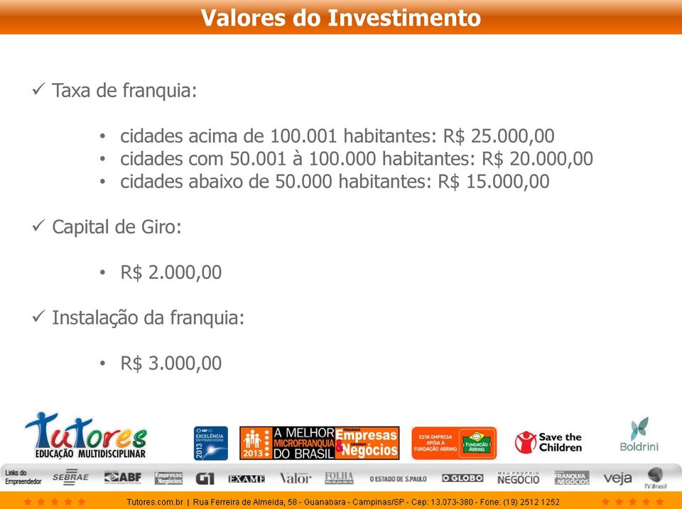 000 habitantes: R$ 20.000,00 cidades abaixo de 50.