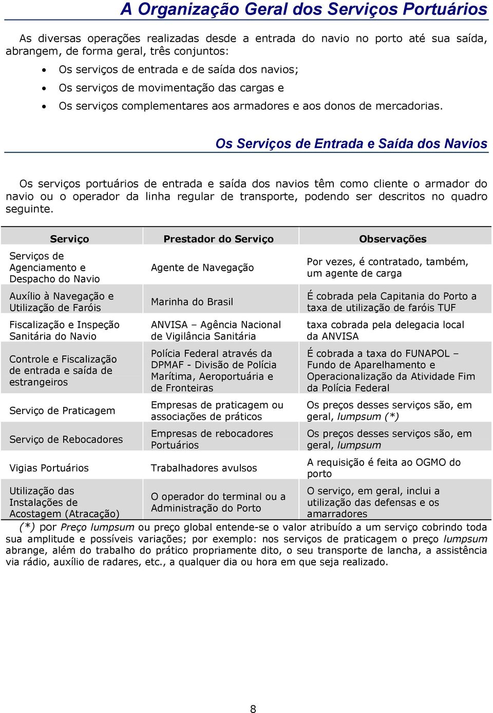 Os Serviços de Entrada e Saída dos Navios Os serviços portuários de entrada e saída dos navios têm como cliente o armador do navio ou o operador da linha regular de transporte, podendo ser descritos