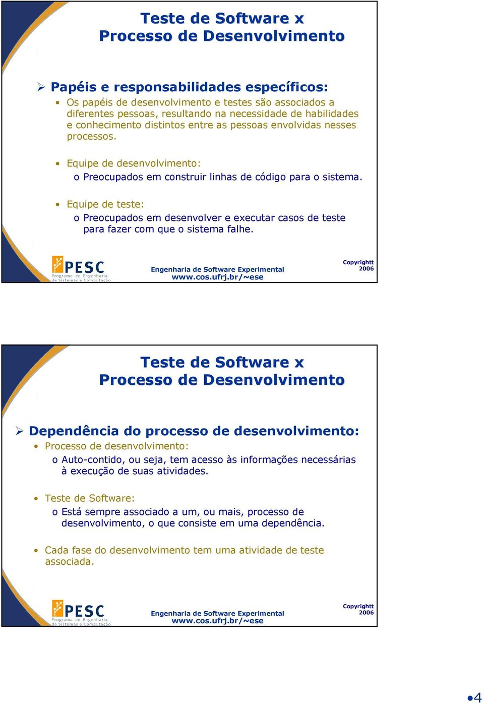 Equipe de teste: o Preocupados em desenvolver e executar casos de teste para fazer com que o sistema falhe.