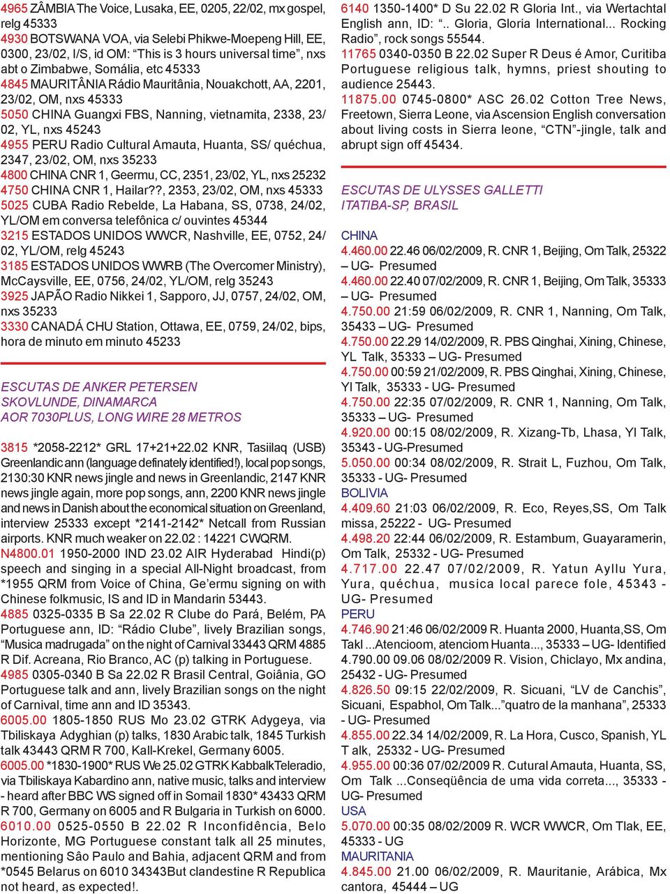 Cultural Amauta, Huanta, SS/ quéchua, 2347, 23/02, OM, nxs 35233 4800 CHINA CNR 1, Geermu, CC, 2351, 23/02, YL, nxs 25232 4750 CHINA CNR 1, Hailar?