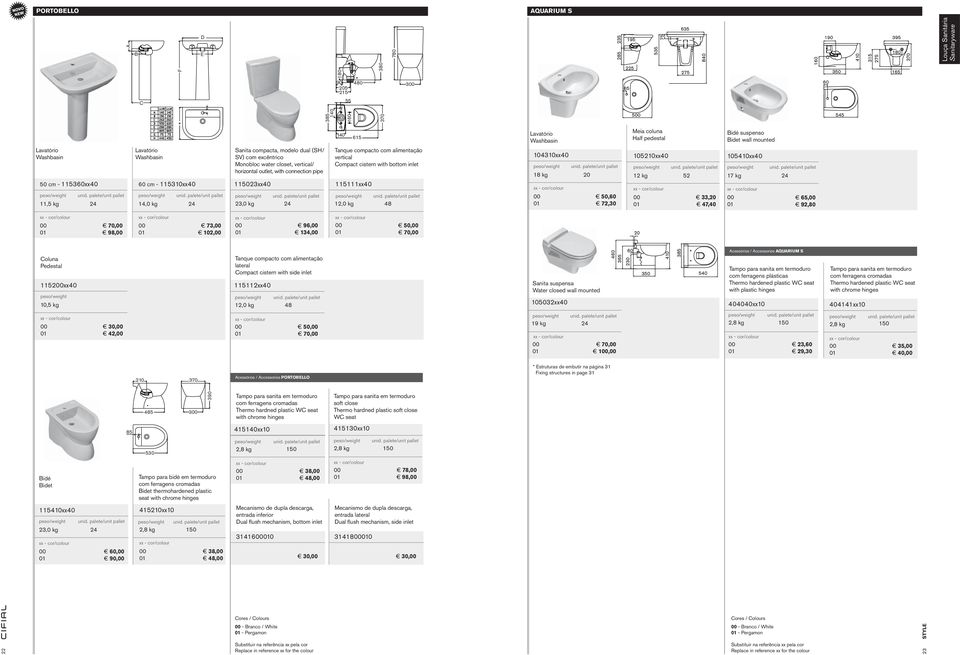 24 12,0 kg 48 140 615 104310xx40 18 kg 20 50,60 72,30 Meia coluna Half pedestal 105210xx40 12 kg 52 33,20 47,40 Bidé suspenso Bidet wall mounted 105410xx40 17 kg 24 65, 92,80 70, 98, 73, 102, 96,