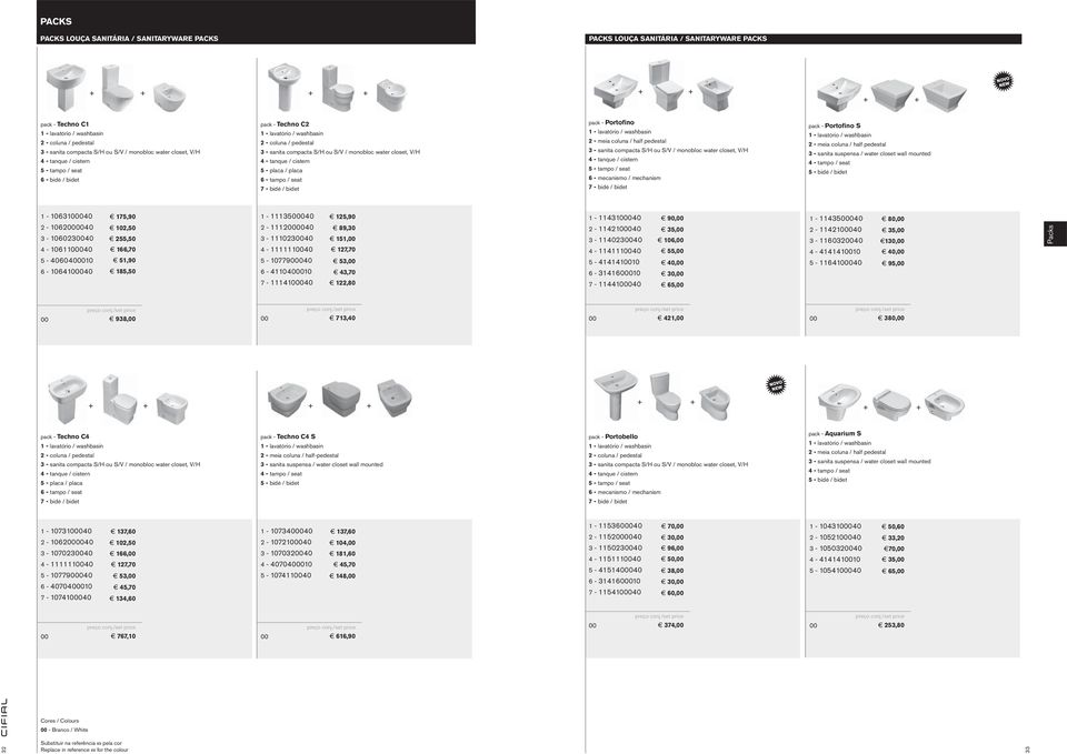 water closet, V/H 4 - tanque / cistern 5 - placa / placa 6 - tampo / seat 7 - bidé / bidet pack - Portofino 1 - lavatório / washbasin 2 - meia coluna / half pedestal 3 - sanita compacta S/H ou S/V /