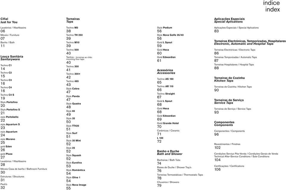 banho / Bathroom Furniture 30 Estruturas / Structures 31 Pack s 32 Techno M3 38 Techno TH 250 39 Techno M10 39 Techno 5 40 Techno - torneiras ao chão mounting fl oor taps 40 Techno 3 41 Techno 3+ 42