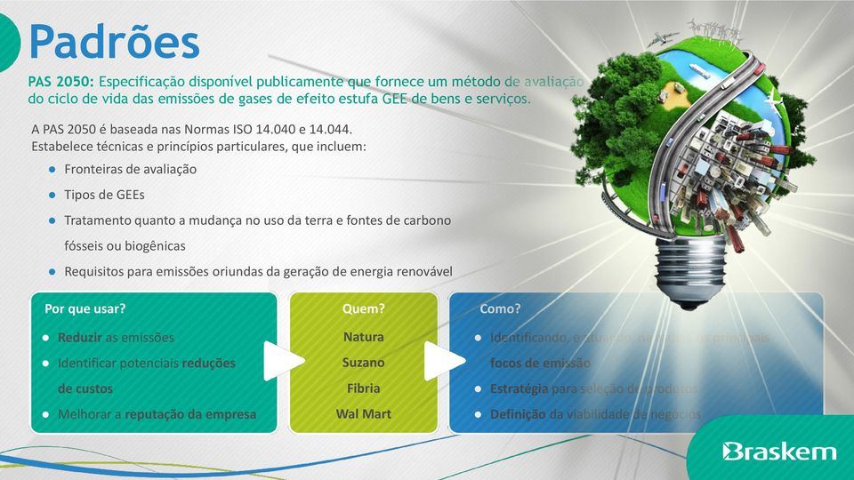 Estabelece técnicas e princípios particulares, que incluem: Fronteiras de avaliação Tipos de GEEs Tratamento quanto a mudança no uso da terra e fontes de carbono fósseis ou biogênicas