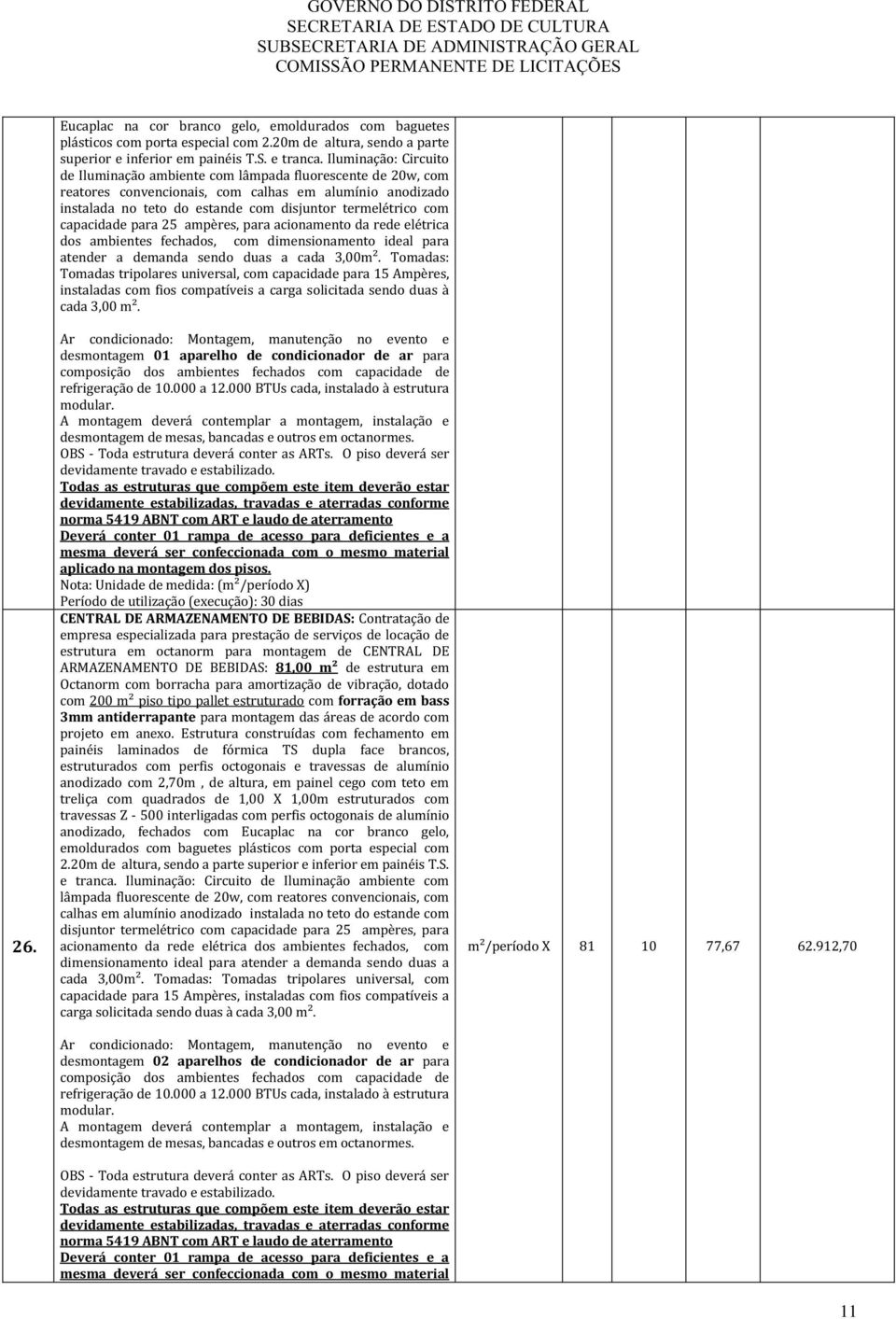 capacidade para 25 ampères, para acionamento da rede elétrica dos ambientes fechados, com dimensionamento ideal para atender a demanda sendo duas a cada 3,00m².