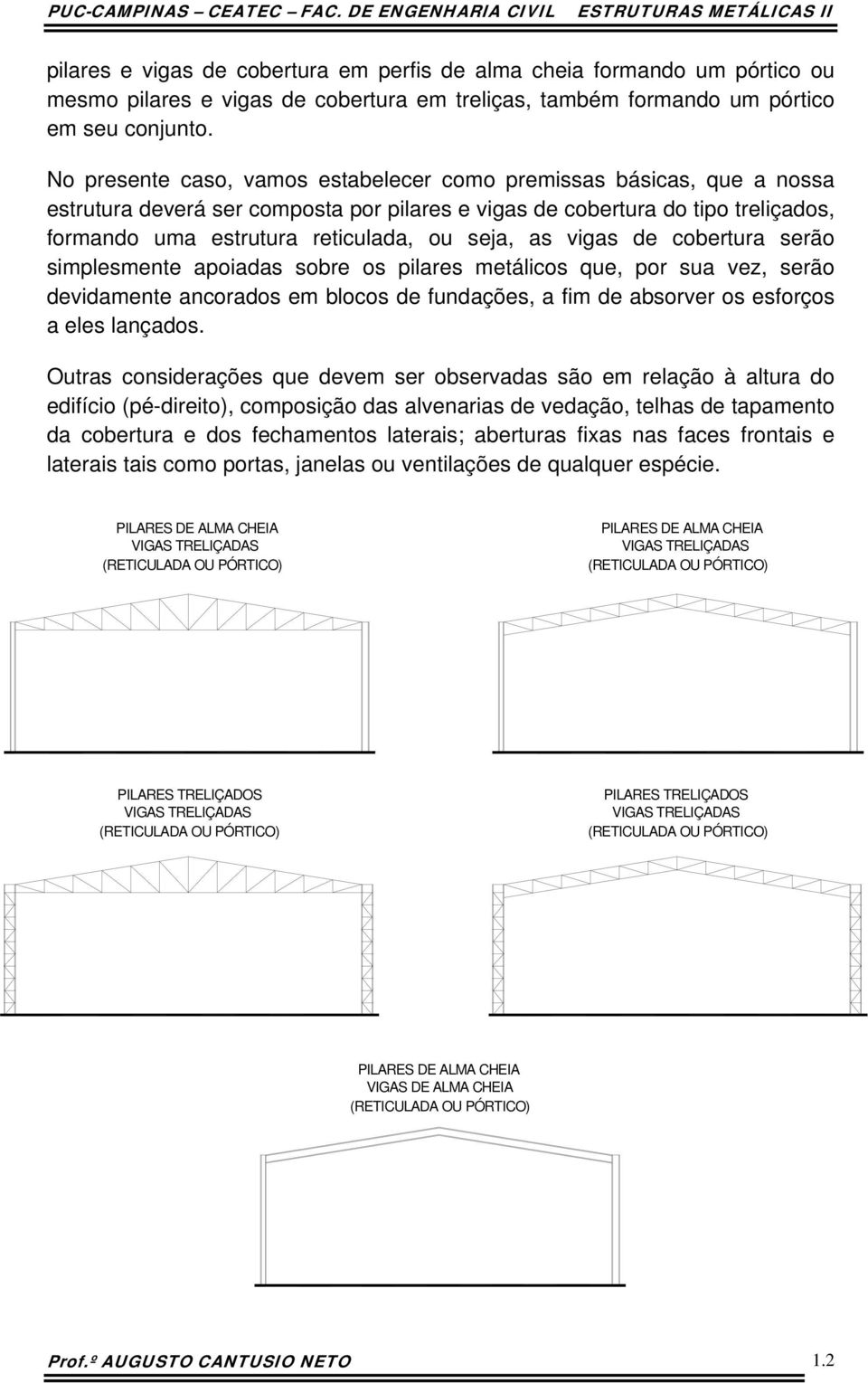 No presene caso, vamos esabelecer como premissas básicas, que a nossa esruura deverá ser composa por pilares e vigas de coberura do ipo reliçados, ormando uma esruura reiculada, ou seja, as vigas de