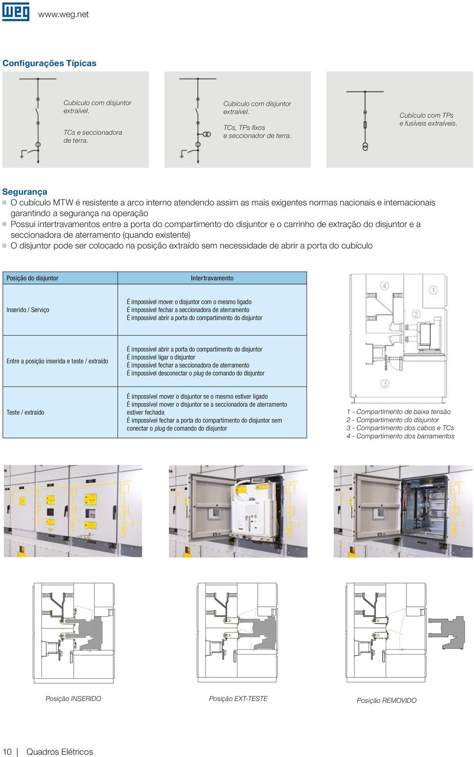 porta do compartimento do disjuntor e o carrinho de extração do disjuntor e a seccionadora de aterramento (quando existente) J J O disjuntor pode ser colocado na posição extraído sem necessidade de